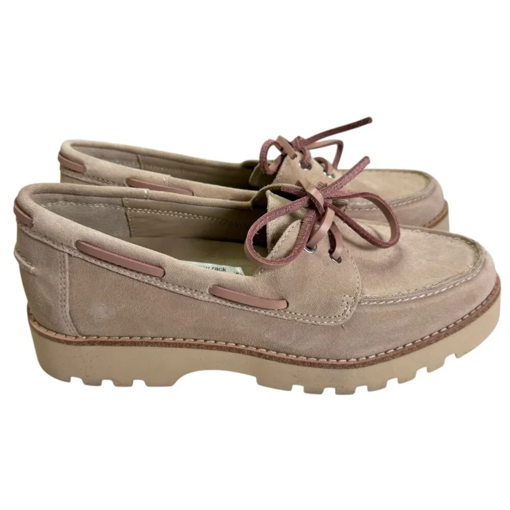 Donald J Pliner Charlie Suede Lug Sole Boat Shoes Taupe Blush Pink NWT SZ:7.5